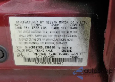 2005 Nissan Sentra 1.8 z USA, uszkodzony, nr VIN 3N1CB51D25L538850